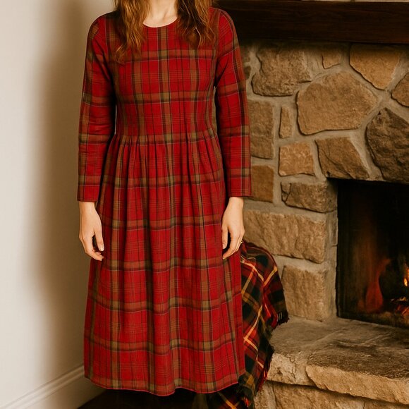 Hunters Run Dresses & Skirts - Hunters Run Vintage Pleated Bodice Back Tie Red Plaid Cotton Midi Dress Size A8